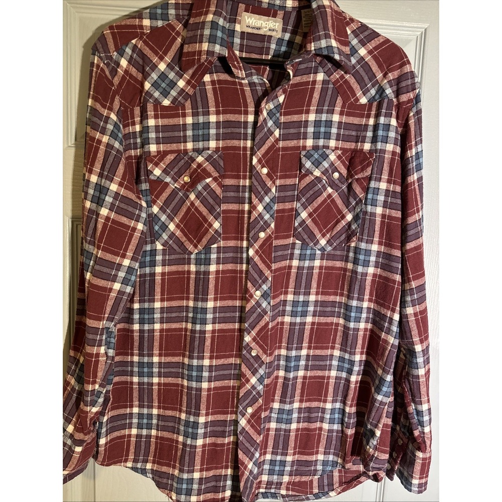 Wrangler Rancher Pearl Snap Long Sleeve Plaid Flannel shirt Sz Large. Western